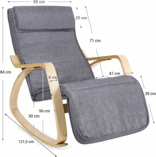 SONGMICS Fa hintaszék, állítható lábtámasz, maximum 150kg, 55x122x84cm, sötétszürke - Image 3