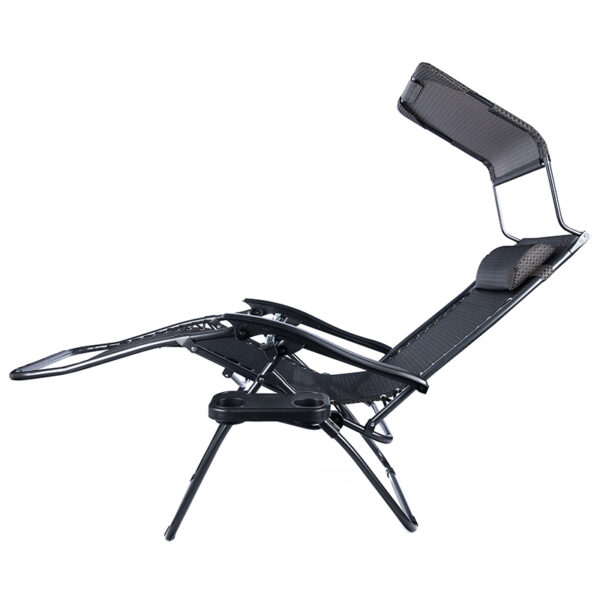Sezlong pliabil cu parasolar si tetiera, reglabil in 2 pozitii, suport pahare, 174cm, gri - Image 3