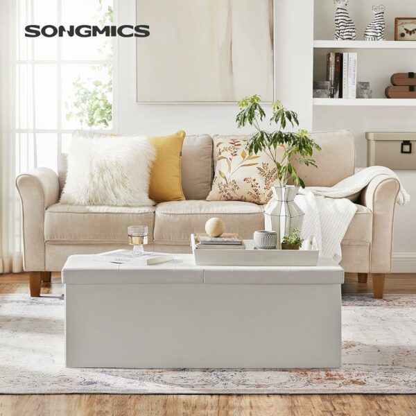 SONGMICS Taburet pliabil cu sezut moale, spatiu de depozitare 120litri, maxim 300kg, 110x38x38cm, alb - Image 4