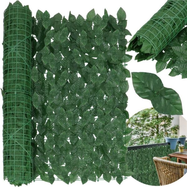 Panou paravan cu frunze artificiale pentru gard sau balcon, 100x300cm, verde inchis - Image 3