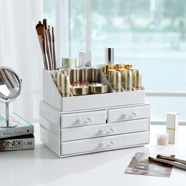 SONGMICS Cosmetics rendszerező, 4 fiókkal és 16 különböző méretű rekesszel, 24x14x19cm, fehér - Image 8
