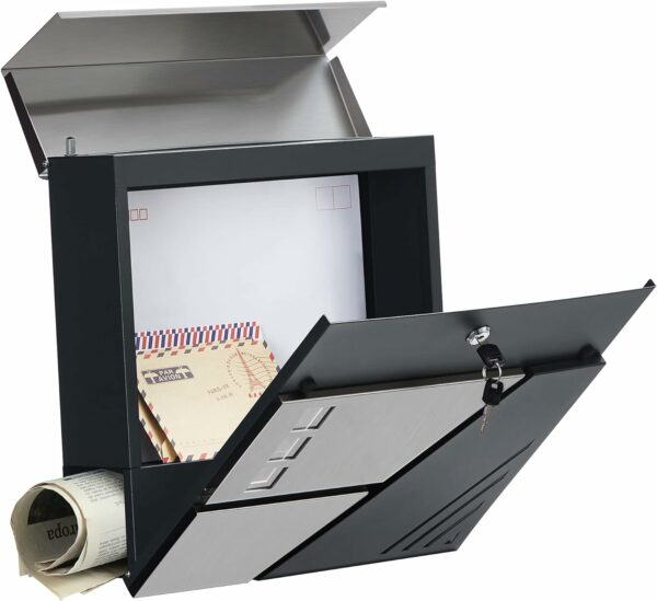 SONGMICS Kültéri postaláda, kerítéshez vagy falhoz, acél és rozsdamentes acél, 37x11x37cm, ezüst és fekete - Image 3