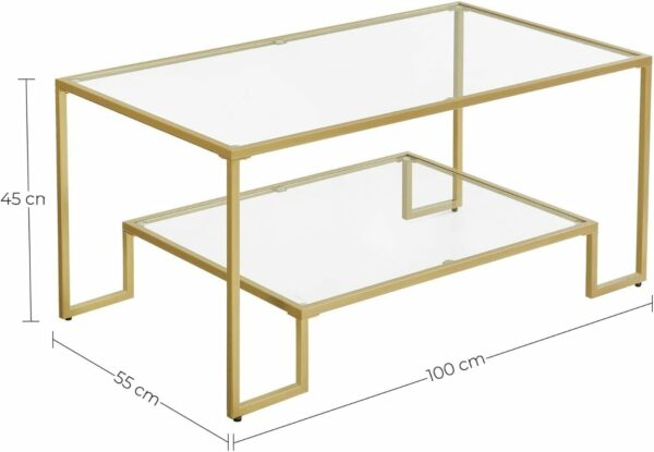 VASAGLE Masuta de cafea cu cadru din otel, suprafata din sticla calita, 100x55x45cm, auriu - Image 3