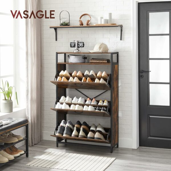 VASAGLE Dulap pantofi din MDF cu ​​3 usi basculante, pentru 15-24 perechi, 80x30x130cm, maro rustic - Image 4