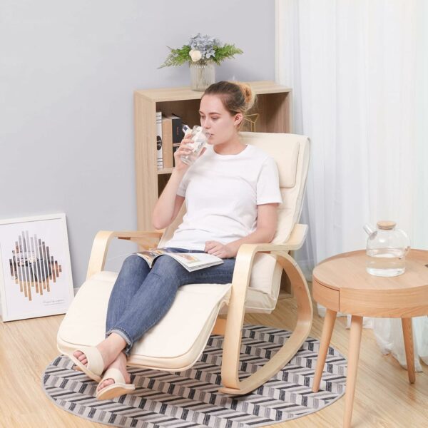 SONGMICS Scaun balansoar din lemn, suport picioare reglabil, maxim 150kg, 55x115x91cm, bej - Image 4