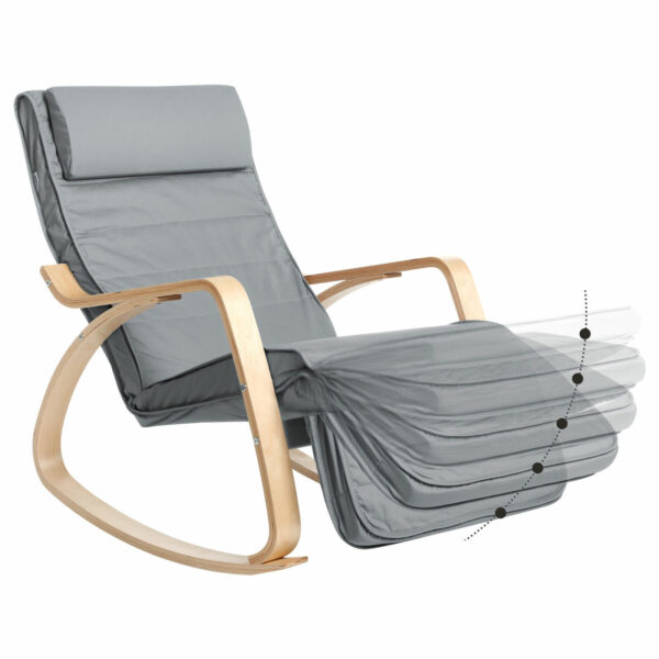 SONGMICS Scaun balansoar din lemn, suport picioare reglabil, maxim 150kg, 67x115x91cm, gri deschis - Image 4