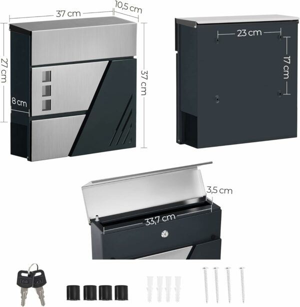 SONGMICS Kültéri postaláda, kerítéshez vagy falhoz, acél és rozsdamentes acél, 37x11x37cm, ezüst és fekete - Image 5