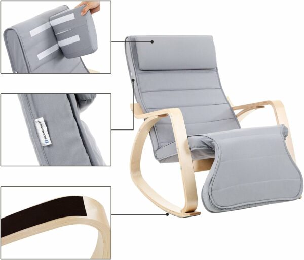 SONGMICS Fa hintaszék, állítható lábtartó, maximum 150kg, 67x125x91cm, szürke - Image 5