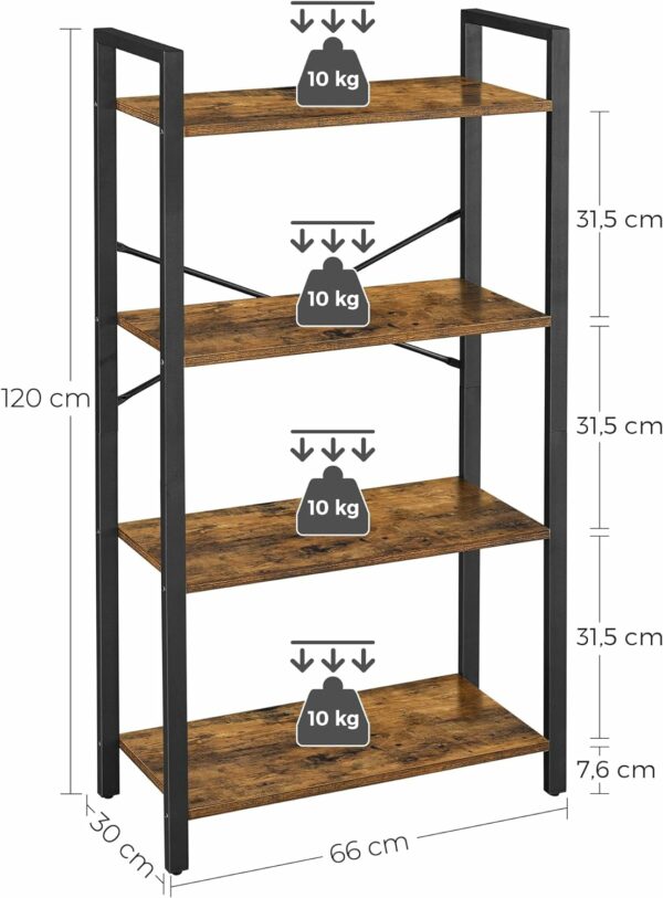 VASAGLE Biblioteca cu 4 etaje din lemn, cadru otel, stil industrial, 66x30x120cm, maro rustic - Image 5