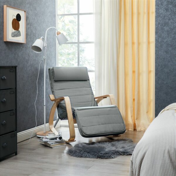 SONGMICS Scaun balansoar din lemn, suport picioare reglabil, maxim 150kg, 67x115x91cm, gri deschis - Image 5