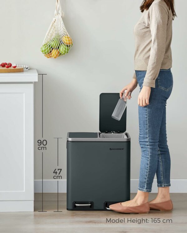 SONGMICS Cos de gunoi din inox cu 2 compartimente colectare selectiva, cu galeti interioare, 2x15litri, gri - Image 6