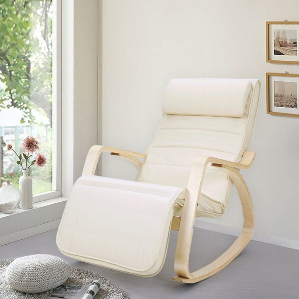 SONGMICS Scaun balansoar din lemn, suport picioare reglabil, maxim 150kg, 55x115x91cm, bej - Image 6