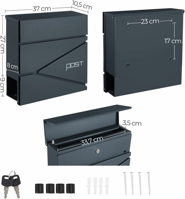 SONGMICS Cutie postala de exterior, pentru gard sau perete, din otel, cu incuietoare, 37x11x37cm, gri antracit - Image 4