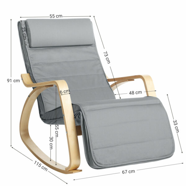 SONGMICS Scaun balansoar din lemn, suport picioare reglabil, maxim 150kg, 67x115x91cm, gri deschis - Image 7