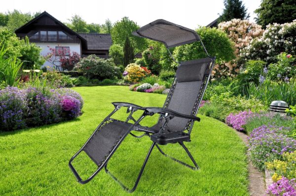 Sezlong pliabil cu parasolar si tetiera, reglabil in 2 pozitii, suport pahare, 174cm, gri - Image 5