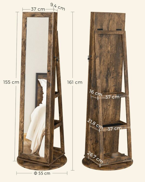 SONGMICS Oglinda de podea cu suport rotativ la 360°, cu spatiu de depozitare, 55x55x161cm, maro rustic - Image 8
