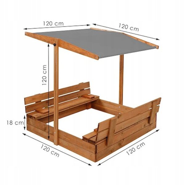 Fa homokozó, napernyős tetővel, 2 paddal, 120x120cm - Image 9