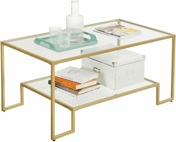 VASAGLE Masuta de cafea cu cadru din otel, suprafata din sticla calita, 100x55x45cm, auriu - Image 9
