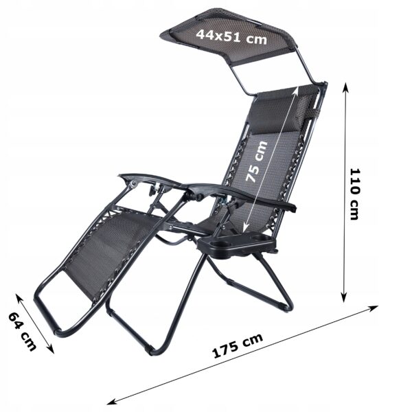 Sezlong pliabil cu parasolar si tetiera, reglabil in 2 pozitii, suport pahare, 174cm, gri - Image 7