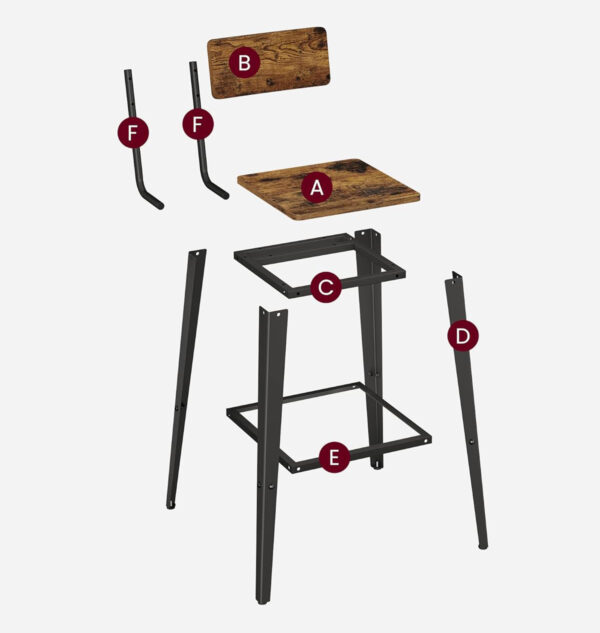 VASAGLE Set 2 scaune de bar, inalte cu spatar, industrial, 45x45x102cm, maro rustic si negru - Image 7