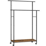 SONGMICS Suport pentru haine dublu cu 2 sine de agatat si polita inferioara, pe roti, 40x99x157 cm, negru