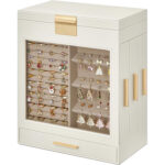 SONGMICS Ékszerdoboz 3 oldalfiókkal, ablakkal és nagy tükörrel, 16x26x32 cm, fehér