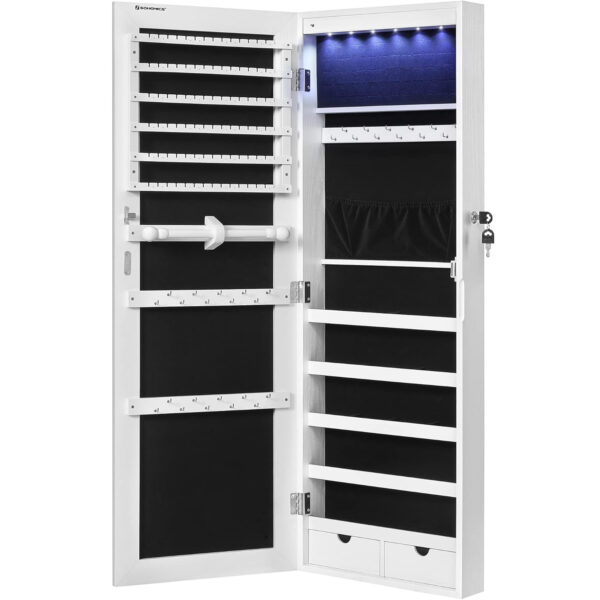 SONGMICS Ékszer szekrény tükörrel, falra szerelhető, LED lámpák, 37x10x120cm, fehér - Image 2