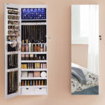 SONGMICS Ékszer szekrény tükörrel, falra szerelhető, LED lámpák, 37x10x120cm, fehér