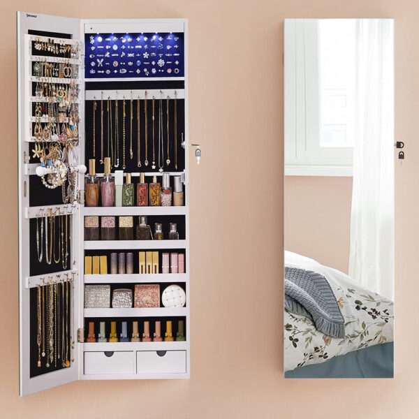 SONGMICS Ékszer szekrény tükörrel, falra szerelhető, LED lámpák, 37x10x120cm, fehér