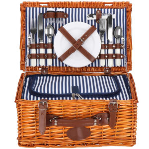 Cos de picnic echipat pentru 4 persoane Deluxe, din rachita, cu vesela si tacamuri, frigorific