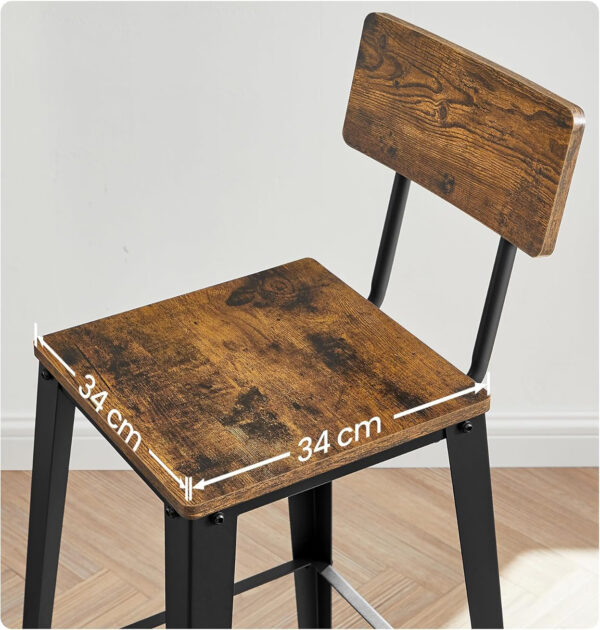 VASAGLE Set 2 scaune de bar, inalte cu spatar, industrial, 45x45x102cm, maro rustic si negru - Image 5