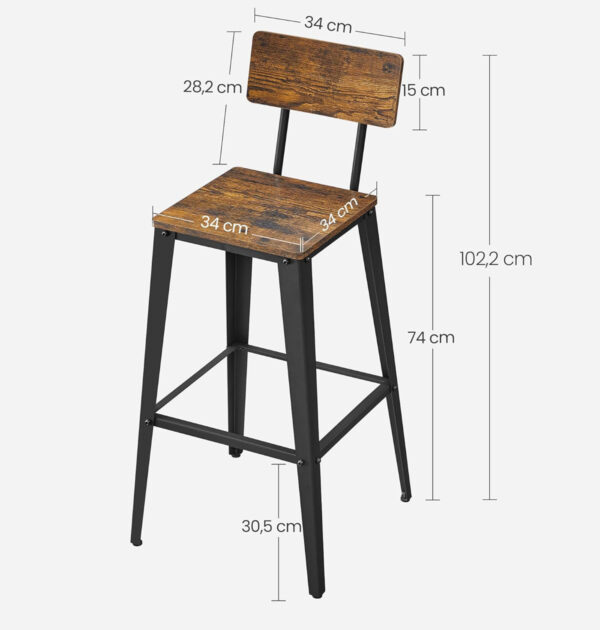 VASAGLE Set 2 scaune de bar, inalte cu spatar, industrial, 45x45x102cm, maro rustic si negru - Image 6