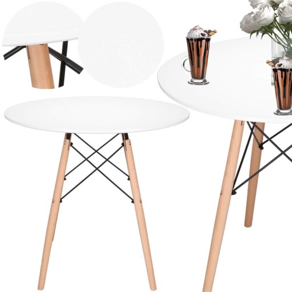 Konyhai étkezőasztal, kerek, átmérő 80 cm, magasság 75 cm, MDF lap, fa lábak, Fehér - Image 2