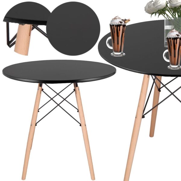 ÚJRACSOMAGOLT TERMÉK: Konyhai étkezőasztal, kerek, átmérő 80 cm, magasság 75 cm, MDF lap, fa lábak, Fekete - Image 5