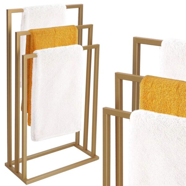 Suport metalic de baie pentru prosoape, cu 3 standuri, 86 cm, auriu mat - Image 2