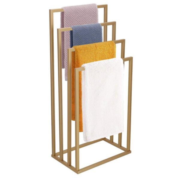 Suport metalic de baie pentru prosoape, cu 4 standuri, 96 cm, auriu mat - Image 3