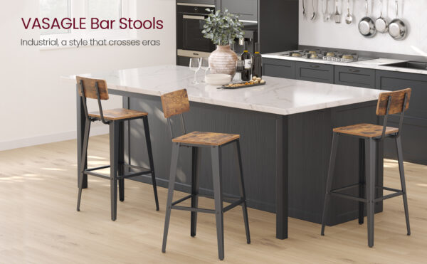 VASAGLE Set 2 scaune de bar, inalte cu spatar, industrial, 45x45x102cm, maro rustic si negru - Image 2