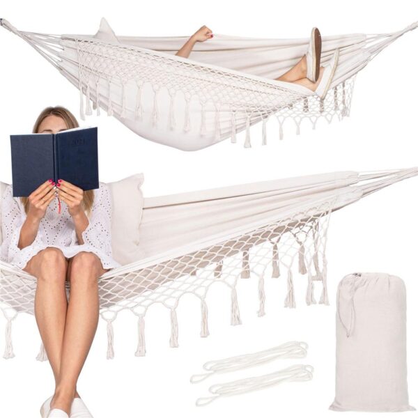 Kétszemélyes függőágy rojtokkal és 2 párnával, 200kg, 200×150 cm, bézs - Image 10