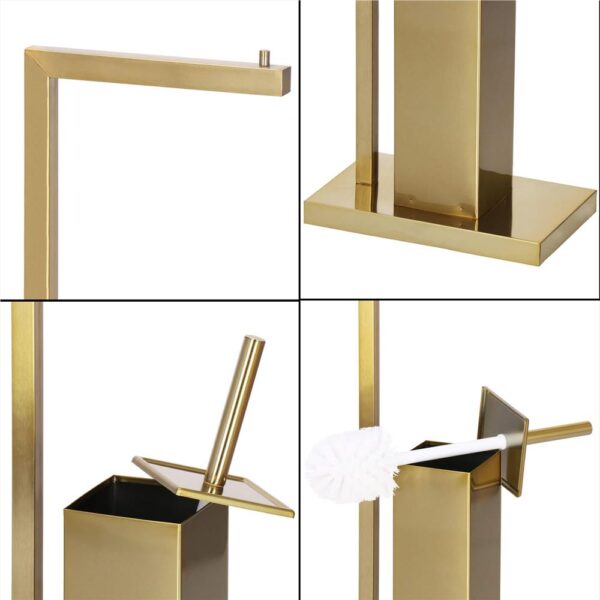 Stand cu perie WC si suport hartie igienica, metal si bambus, 67cm, auriu - Image 12