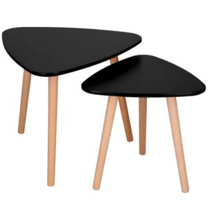 2 db dohányzóasztal készlet, ovális, 54x45 cm és 41x40 cm, MDF lap, fa lábak, fekete
