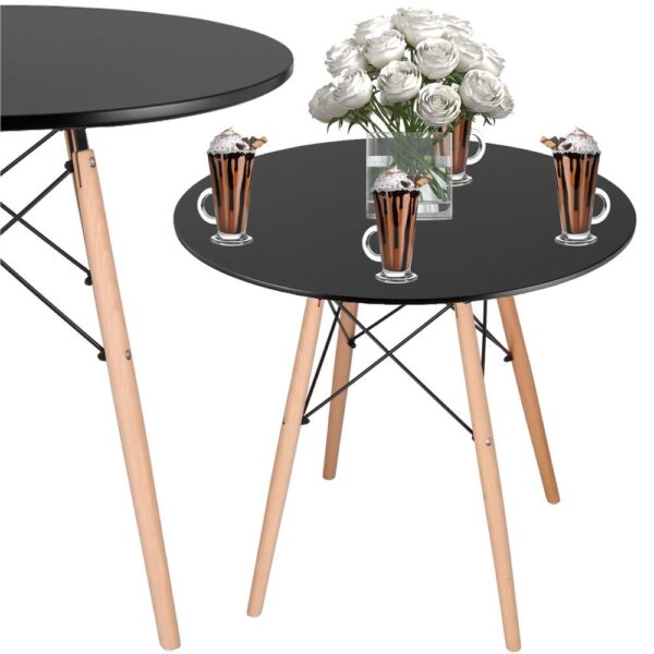ÚJRACSOMAGOLT TERMÉK: Konyhai étkezőasztal, kerek, átmérő 80 cm, magasság 75 cm, MDF lap, fa lábak, Fekete - Image 6
