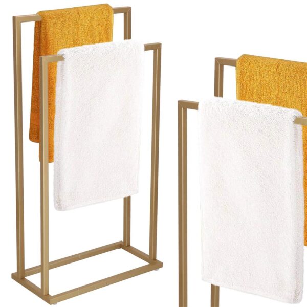 Suport metalic de baie pentru prosoape, cu 2 standuri, 86 cm, auriu mat - Image 3