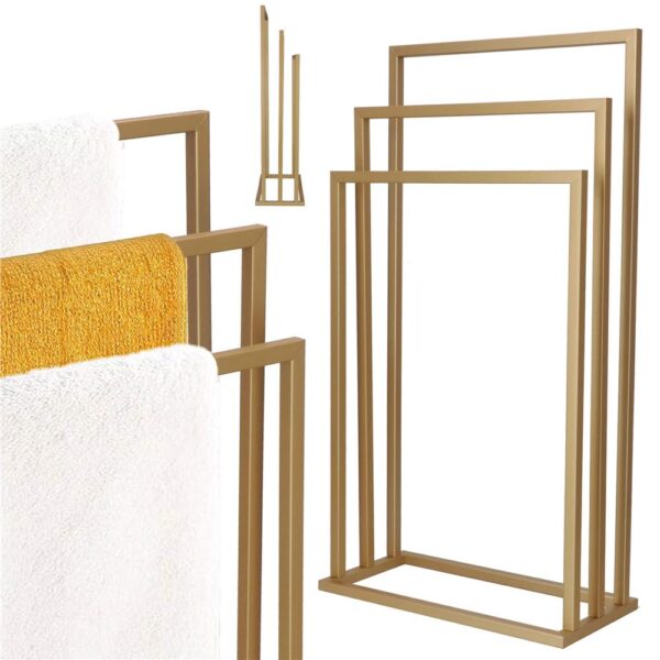 Suport metalic de baie pentru prosoape, cu 3 standuri, 86 cm, auriu mat - Image 3