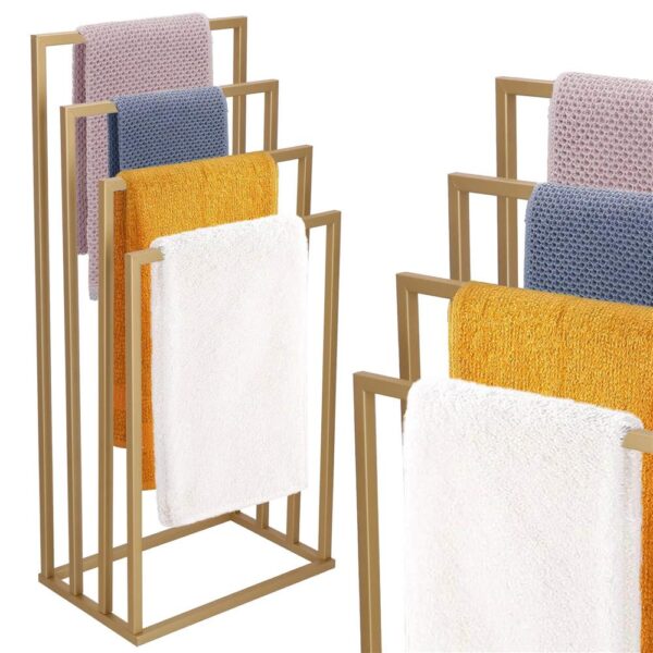 Suport metalic de baie pentru prosoape, cu 4 standuri, 96 cm, auriu mat - Image 4