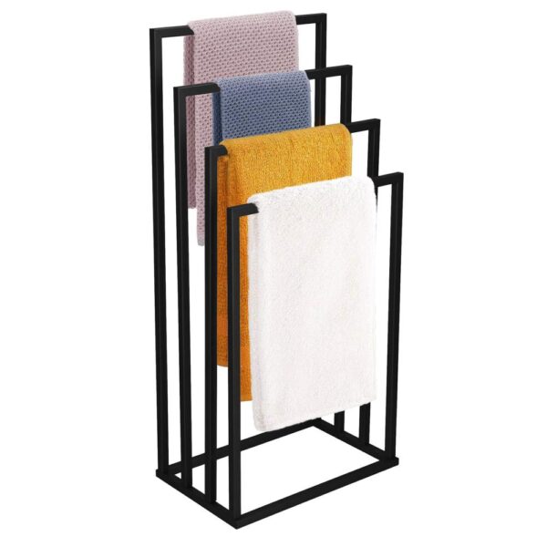 Suport metalic de baie pentru prosoape, cu 4 standuri, 96 cm, negru - Image 3