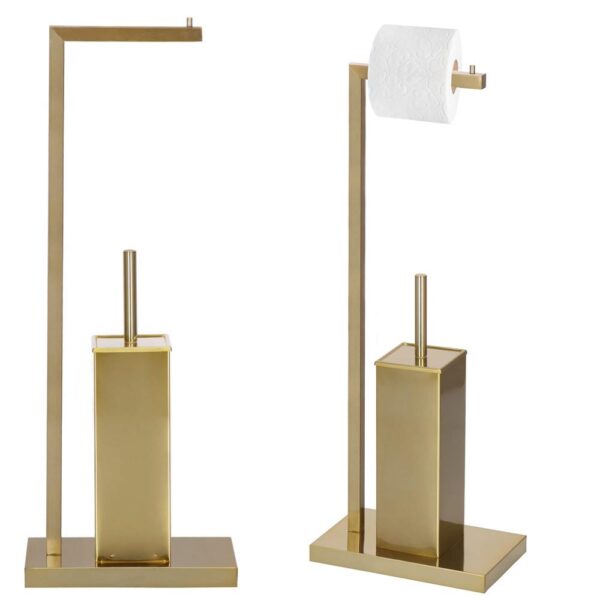 Stand cu perie WC si suport hartie igienica, metal si bambus, 67cm, auriu - Image 2