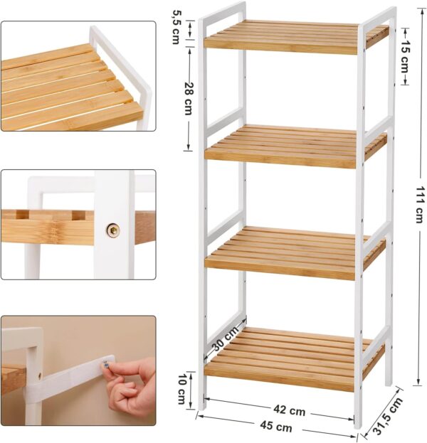 SONGMICS Raft din bambus cu 4 nivele reglabile, pentru bucatarie sau baie, 32x45x111 cm, alb si maro - Image 2