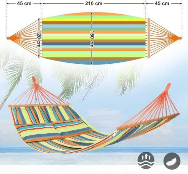 SONGMICS Hamac dublu cu bara lemn, perne incluse, maxim 300 kg, 210x150 cm, multicolor - Image 2