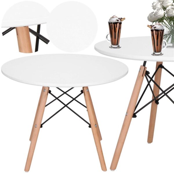 Dohányzóasztal, kerek, átmérő 60 cm, magasság 45 cm, MDF lap, fa lábak, Fehér - Image 4