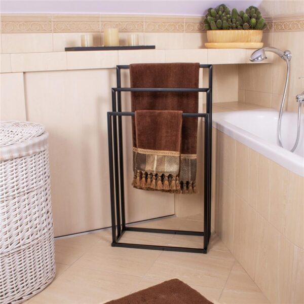 Suport metalic de baie pentru prosoape, cu 3 standuri, 84 cm, negru - Image 4